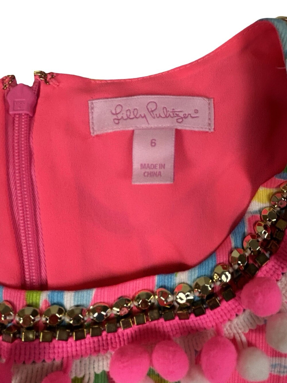 NWOT Lilly Pulitzer Mila Shift Dress Tiki Pink Royal Lime Pom Pom Sequins Size 6 - Picture 6 of 14
